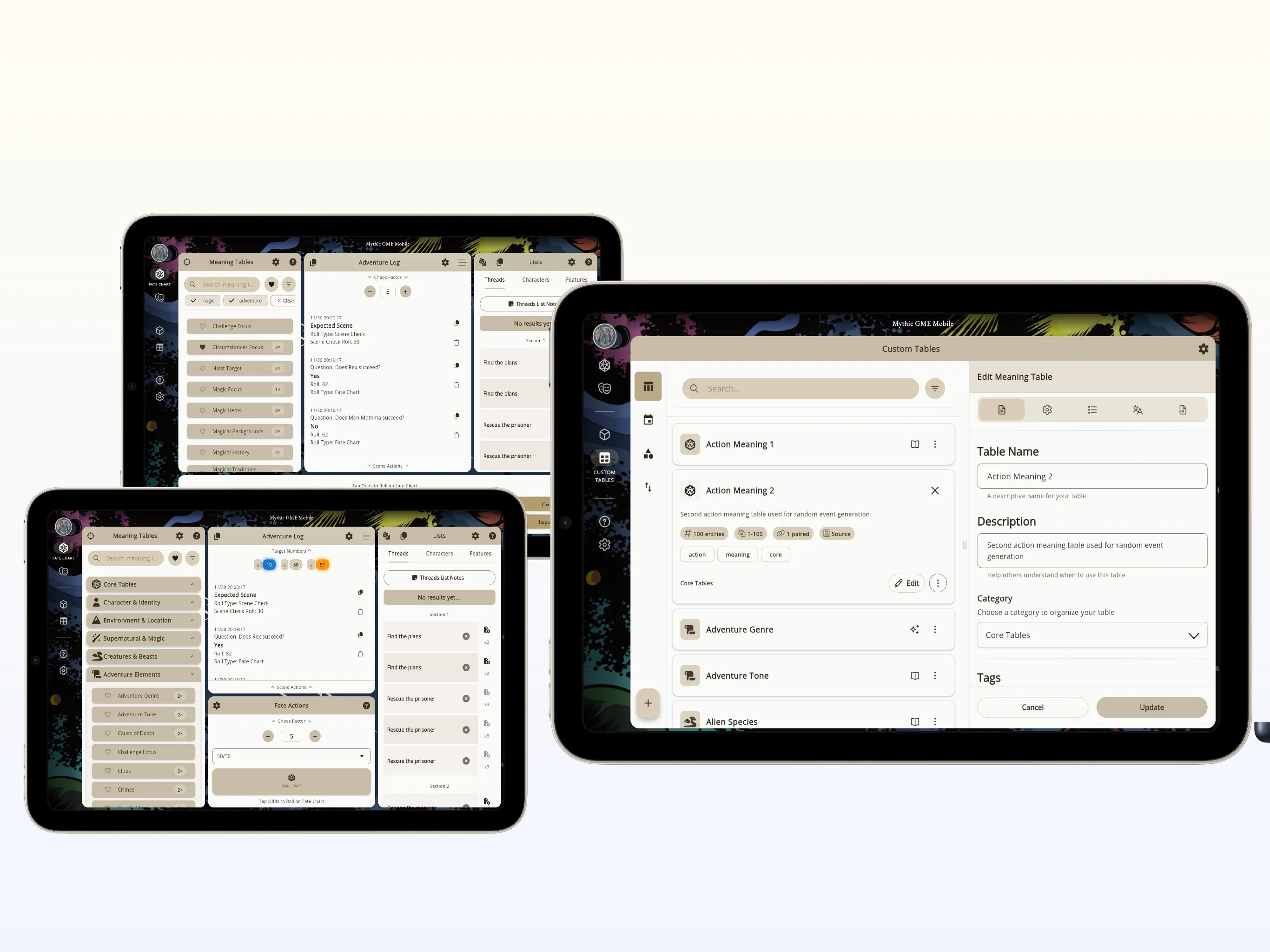 Mythic GME Digital — layout desktop mostrando painéis e o Diário de Aventura