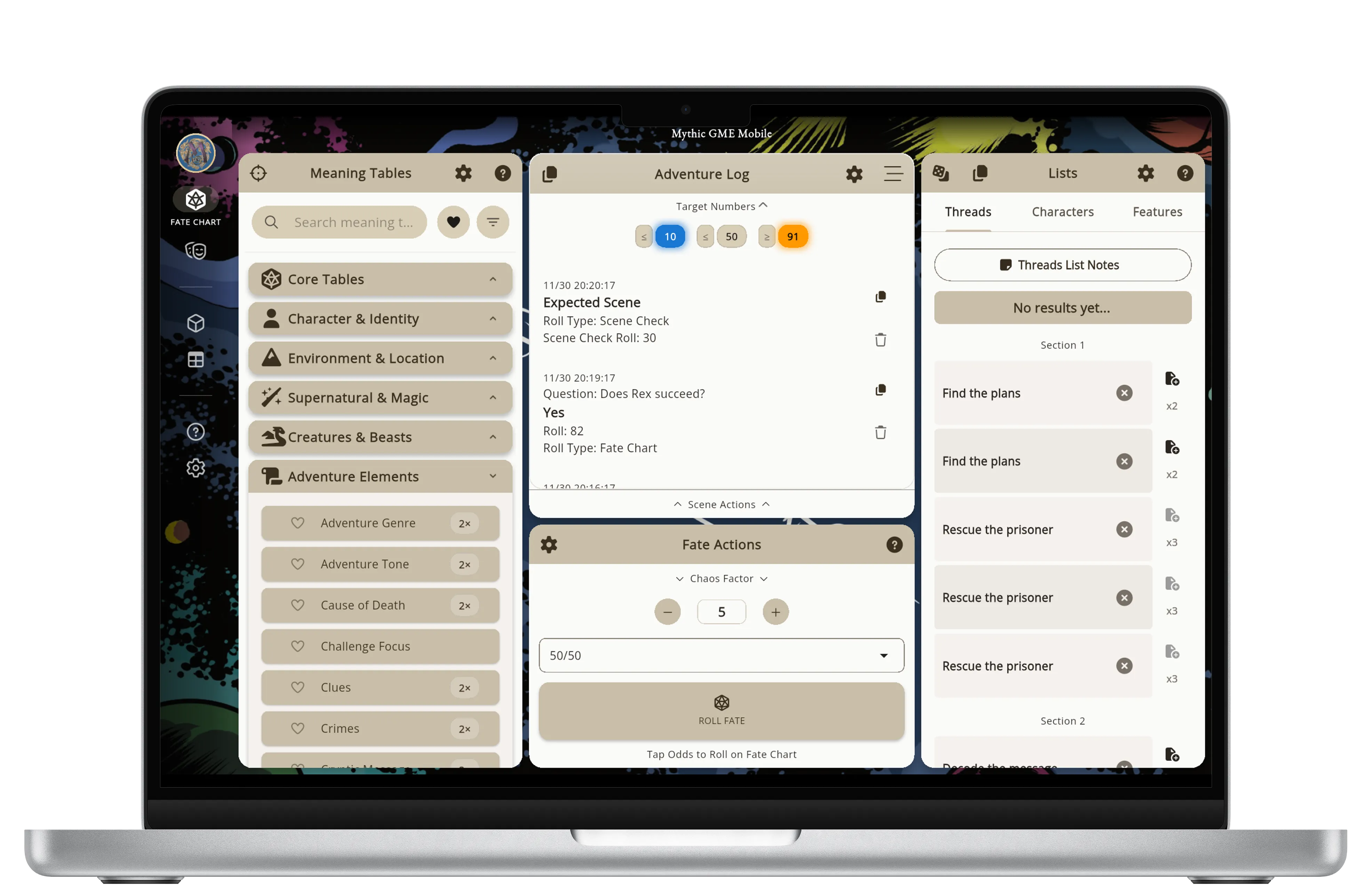 Screenshots do Mythic GME Desktop
