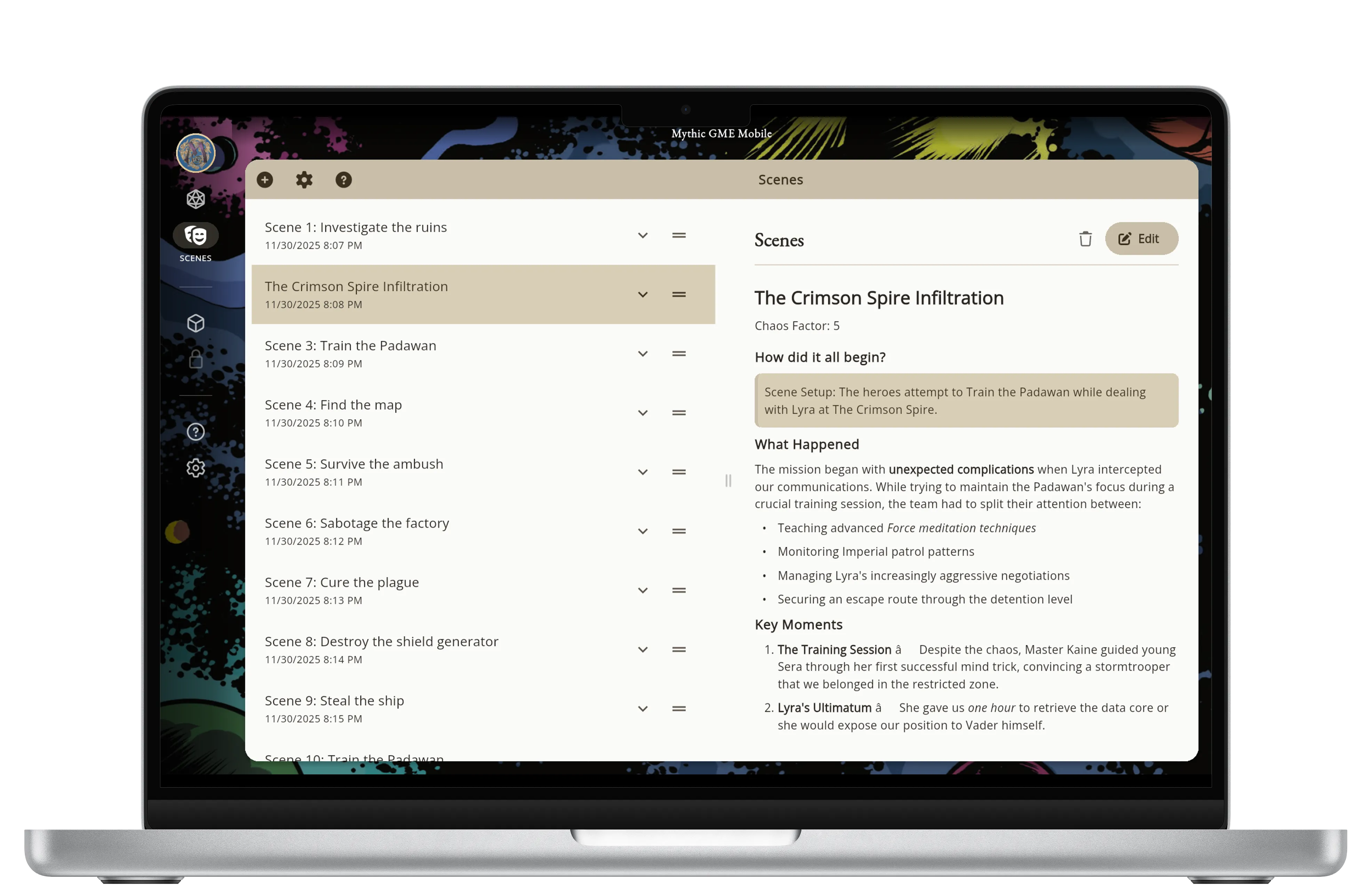 Screenshots do Mythic GME Desktop